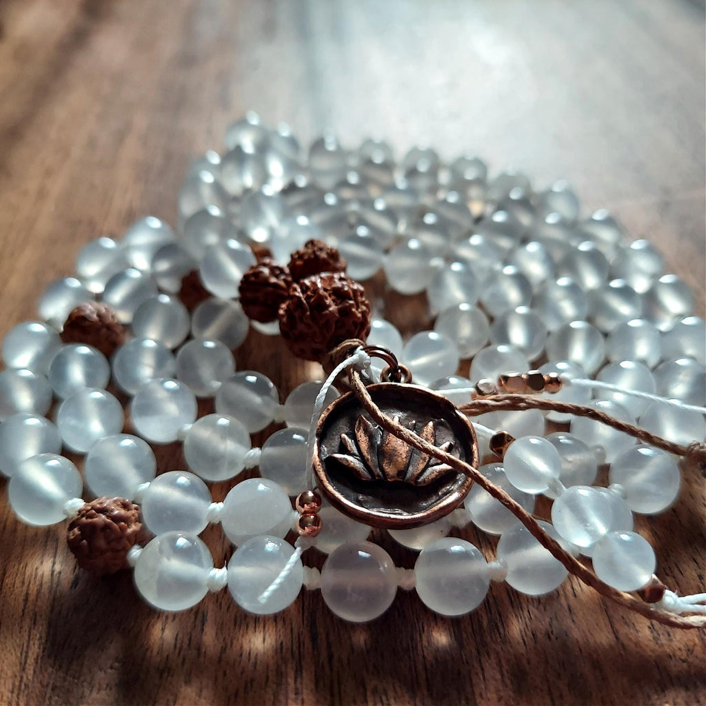 Sacred Purity Mala with Selenite and Rudraksha
