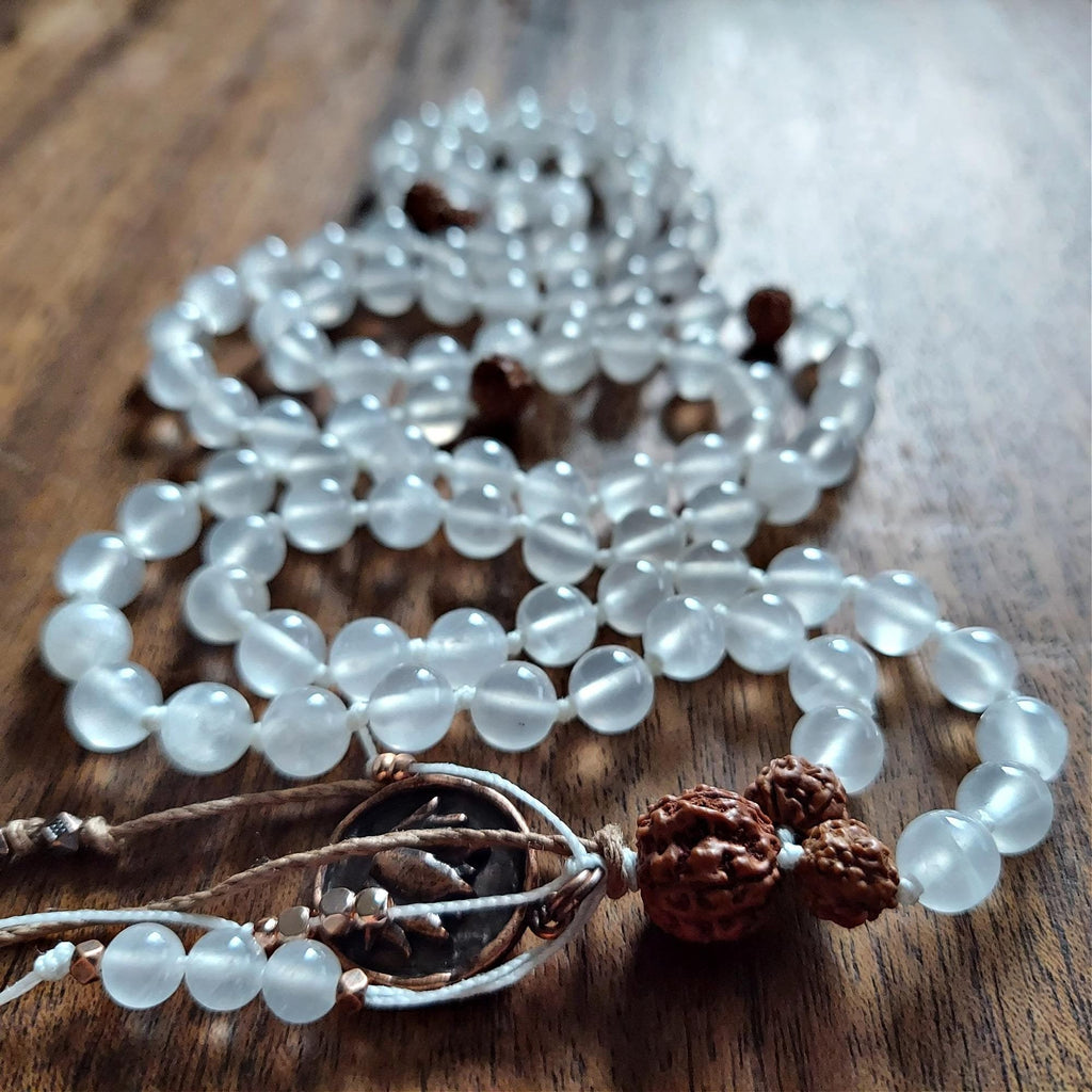 Sacred Purity Mala with Selenite and Rudraksha