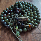 Sacred Harmony Mala with Green Jade, Brown Fire Agate, and Ebony Wood