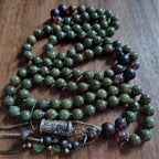 Sacred Harmony Mala with Green Jade, Brown Fire Agate, and Ebony Wood
