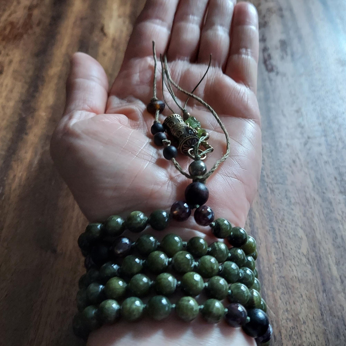 Sacred Harmony Mala with Green Jade, Brown Fire Agate, and Ebony Wood