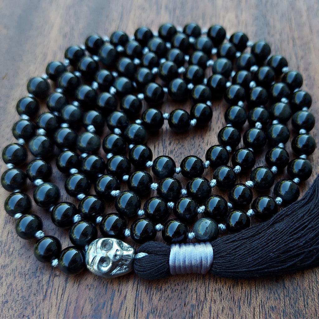 Sovereign Moon Mala with Black Obsidian and Silver Knots