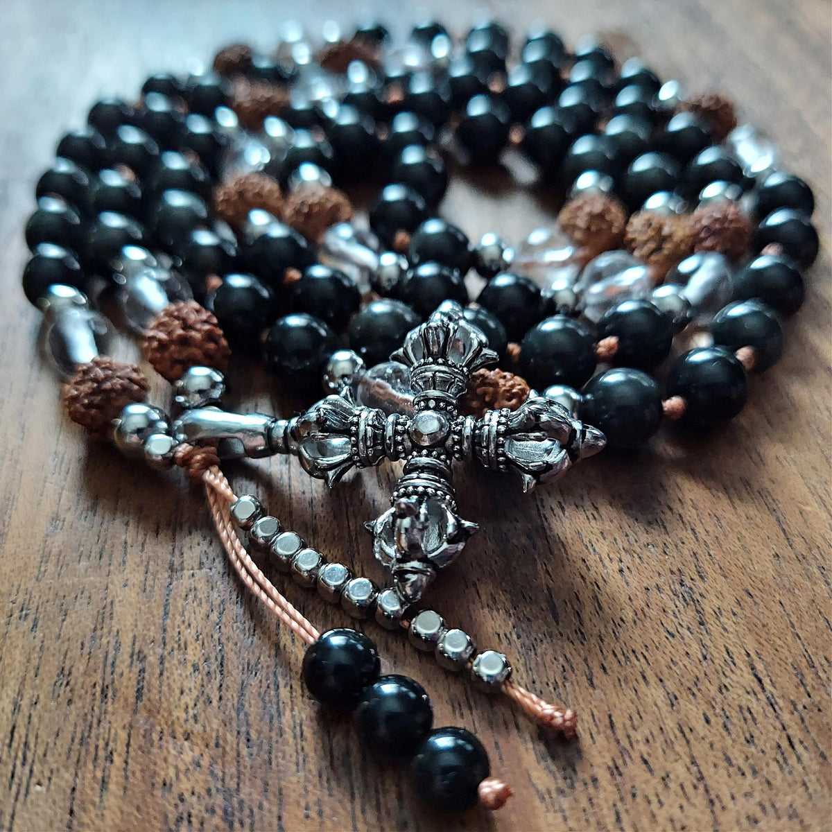 Guardian Strength Mala with Black Obsidian, Rudraksha, and Double Vajra Pendant
