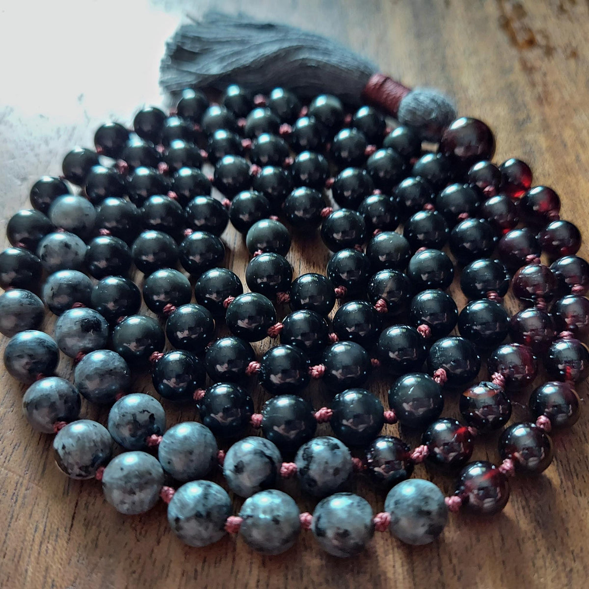 Shadow and Flame Mala with Garnet, Larvikite, and Obsidian