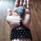 Shadow and Flame Mala with Garnet, Larvikite, and Obsidian