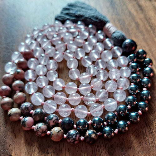Anchored Heart Mala with Rose Quartz and Hematite