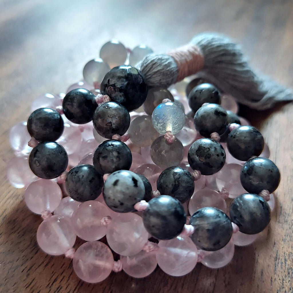 Moonlit Heart Mala with Larvikite, Labradorite, and Rose Quartz