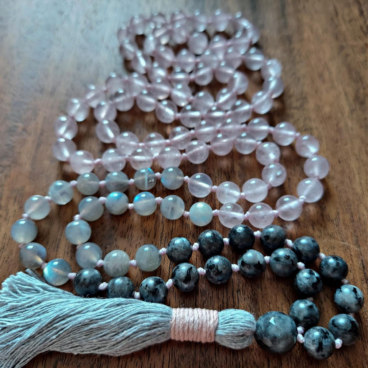 Moonlit Heart Mala with Larvikite, Labradorite, and Rose Quartz