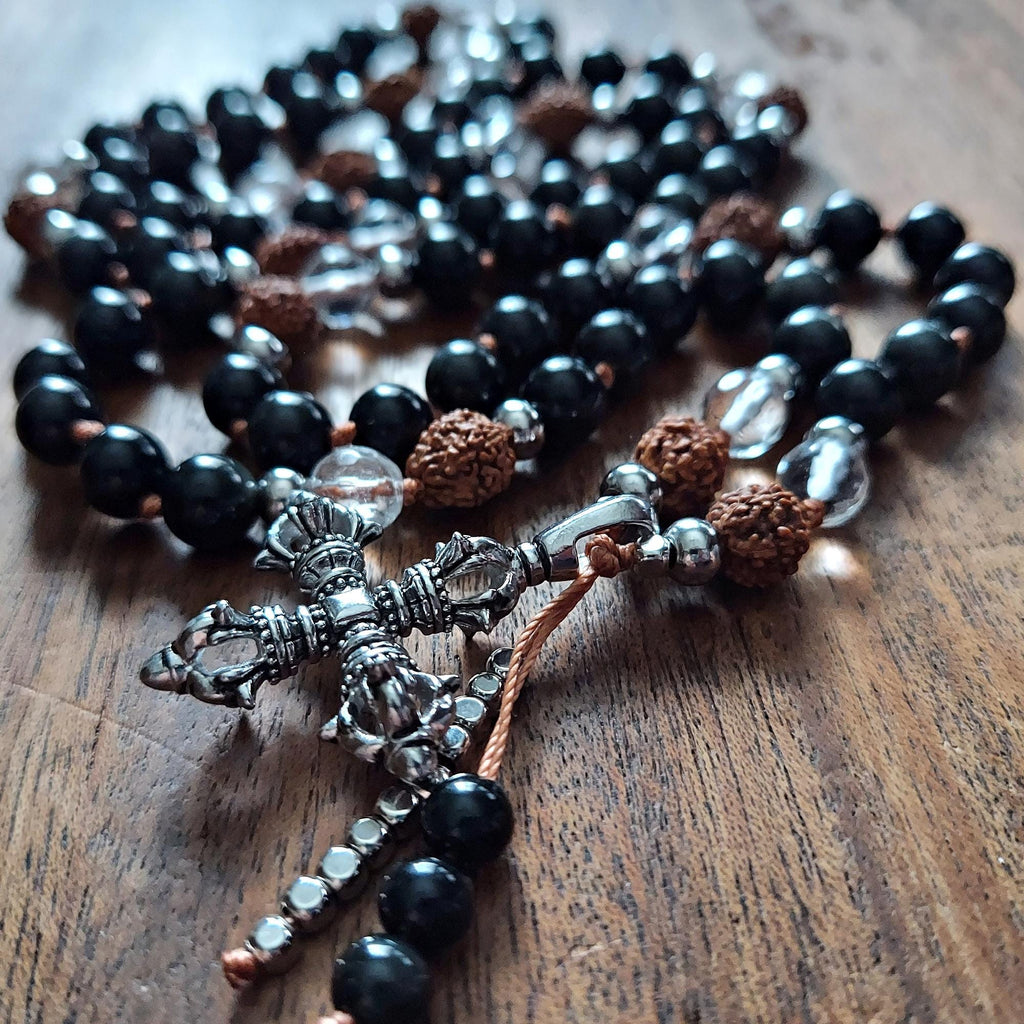 Guardian Strength Mala with Black Obsidian, Rudraksha, and Double Vajra Pendant