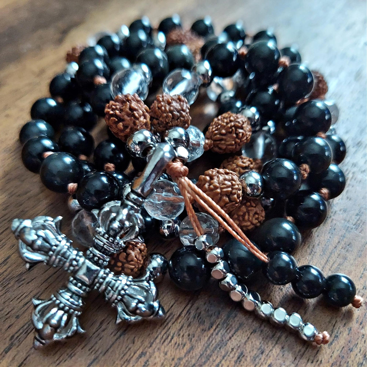 Guardian Strength Mala with Black Obsidian, Rudraksha, and Double Vajra Pendant