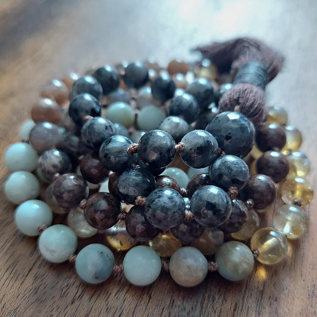 Stone and Spirit Chakra Mala with Larvikite, Brown Snowflake Obsidian, Sunstone, Citrine, Amazonite, and White Agate
