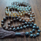 Stone and Spirit Chakra Mala with Larvikite, Brown Snowflake Obsidian, Sunstone, Citrine, Amazonite, and White Agate