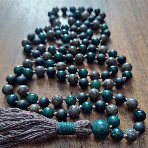 Deep Roots Mala with Moss Agate, Brown Snowflake Obsidian, and Ebony Wood