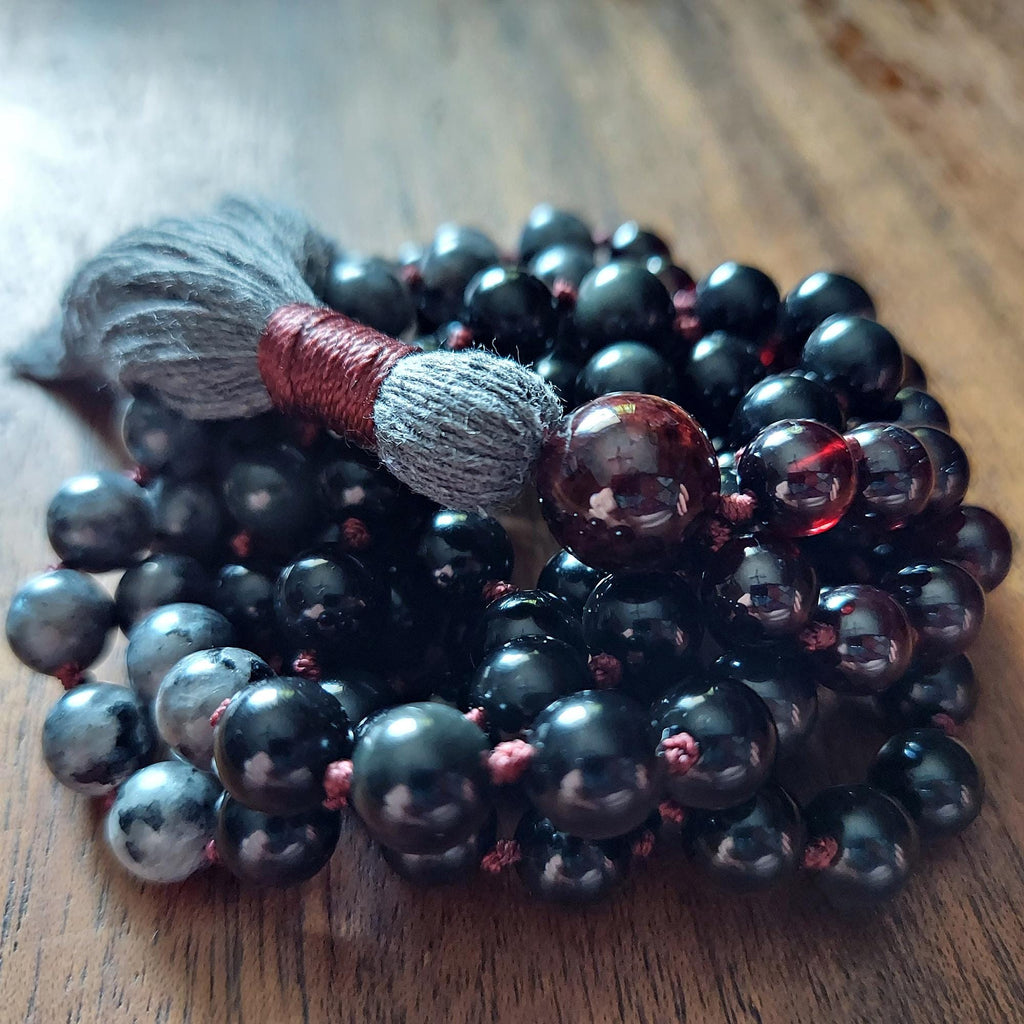 Shadow and Flame Mala with Garnet, Larvikite, and Obsidian
