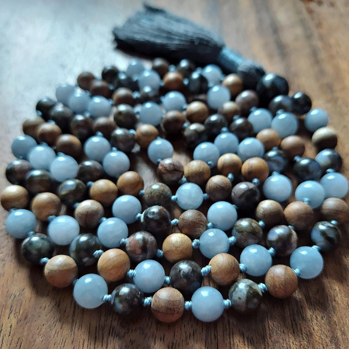Heaven and Earth Mala with Celestite, Blue Opal, and Sandalwood