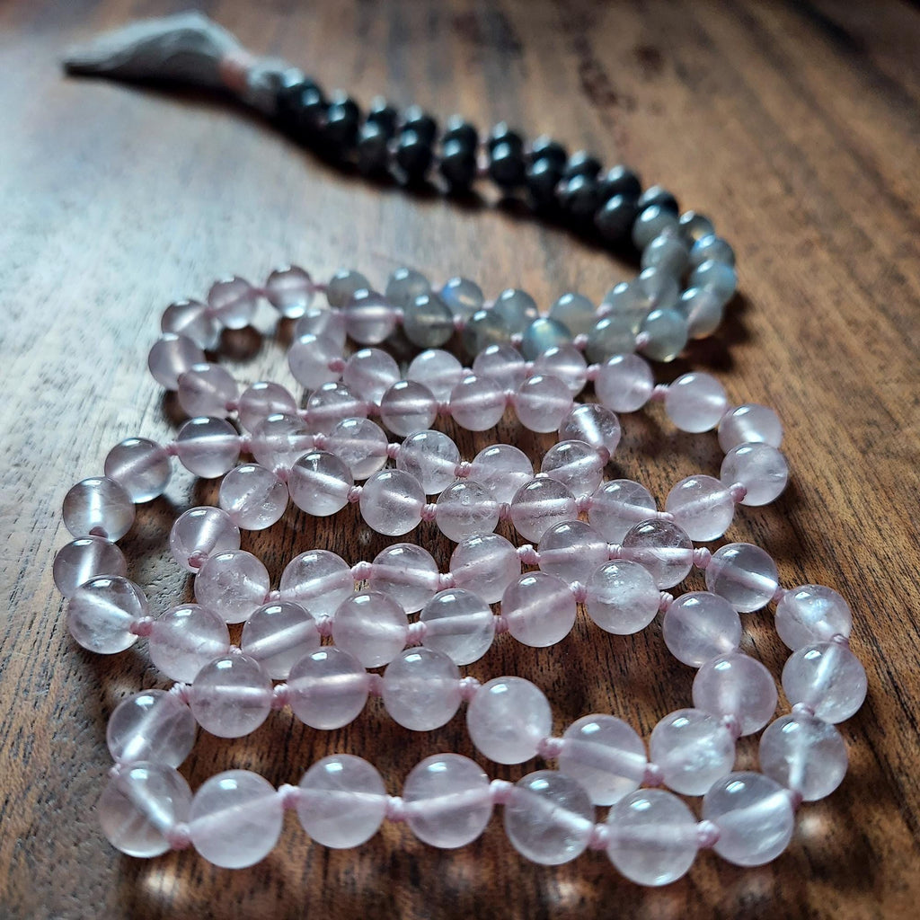 Moonlit Heart Mala with Larvikite, Labradorite, and Rose Quartz