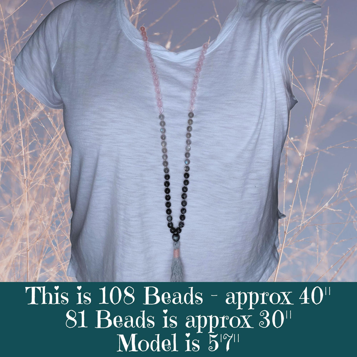 Moonlit Heart Mala with Larvikite, Labradorite, and Rose Quartz