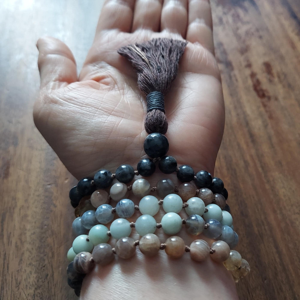 Stone and Spirit Chakra Mala with Larvikite, Brown Snowflake Obsidian, Sunstone, Citrine, Amazonite, and White Agate