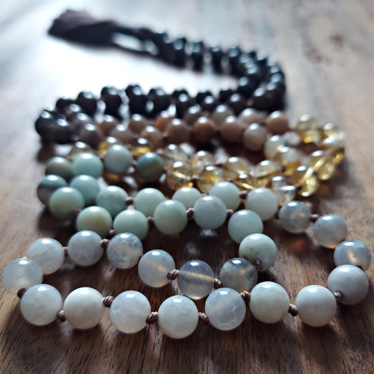 Stone and Spirit Chakra Mala with Larvikite, Brown Snowflake Obsidian, Sunstone, Citrine, Amazonite, and White Agate