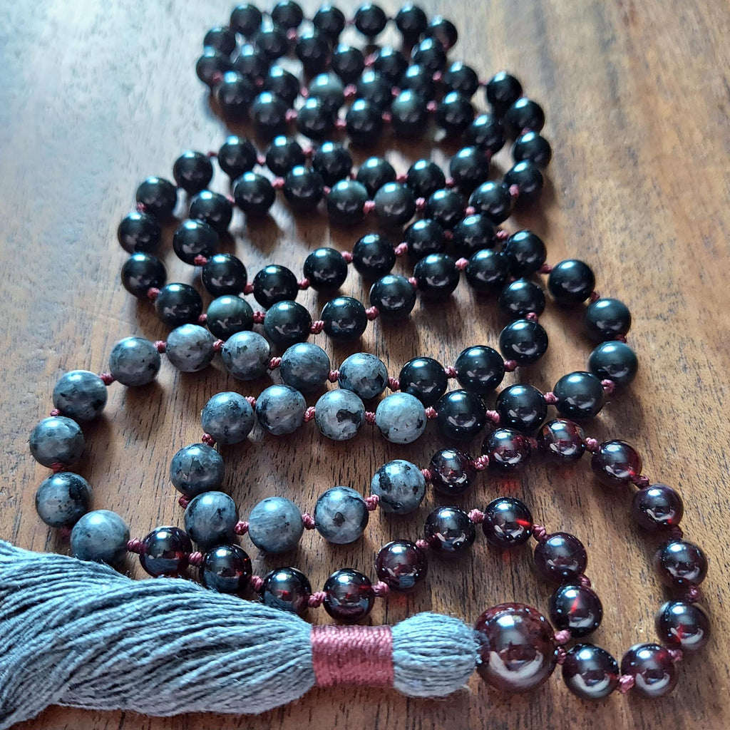 Shadow and Flame Mala with Garnet, Larvikite, and Obsidian