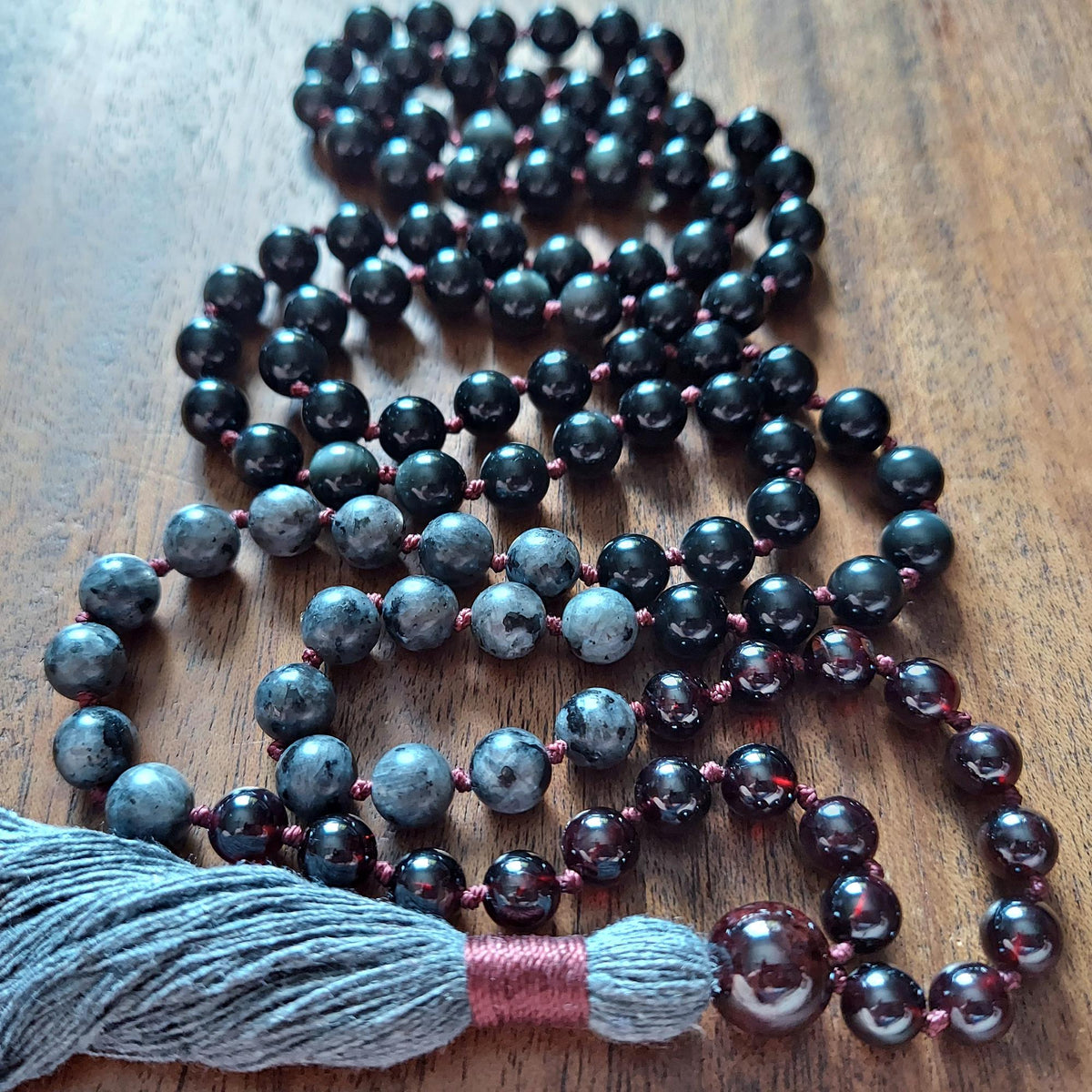 Shadow and Flame Mala with Garnet, Larvikite, and Obsidian