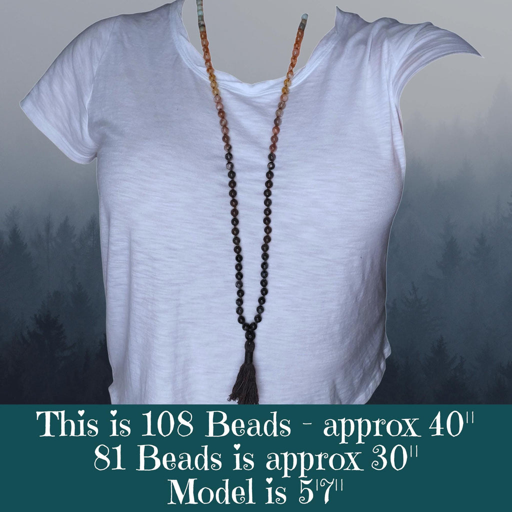 Stone and Spirit Chakra Mala with Larvikite, Brown Snowflake Obsidian, Sunstone, Citrine, Amazonite, and White Agate