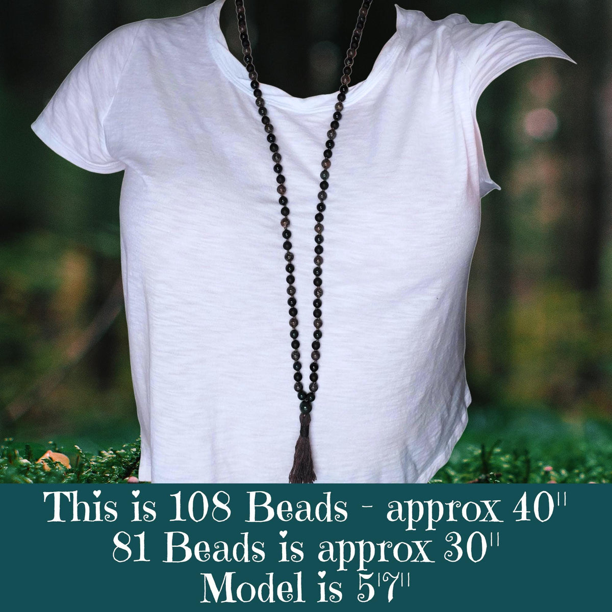 Deep Roots Mala with Moss Agate, Brown Snowflake Obsidian, and Ebony Wood
