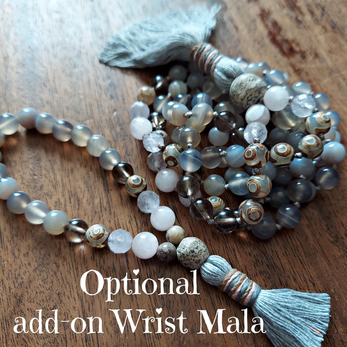 Petal and Bone Mala with Kunzite, Gray Agate, and Stegodon Bone Fossil Guru