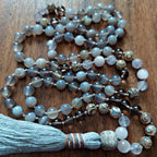 Petal and Bone Mala with Kunzite, Gray Agate, and Stegodon Bone Fossil Guru
