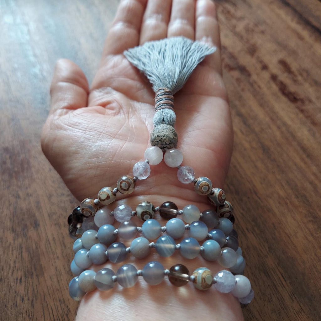 Petal and Bone Mala with Kunzite, Gray Agate, and Stegodon Bone Fossil Guru