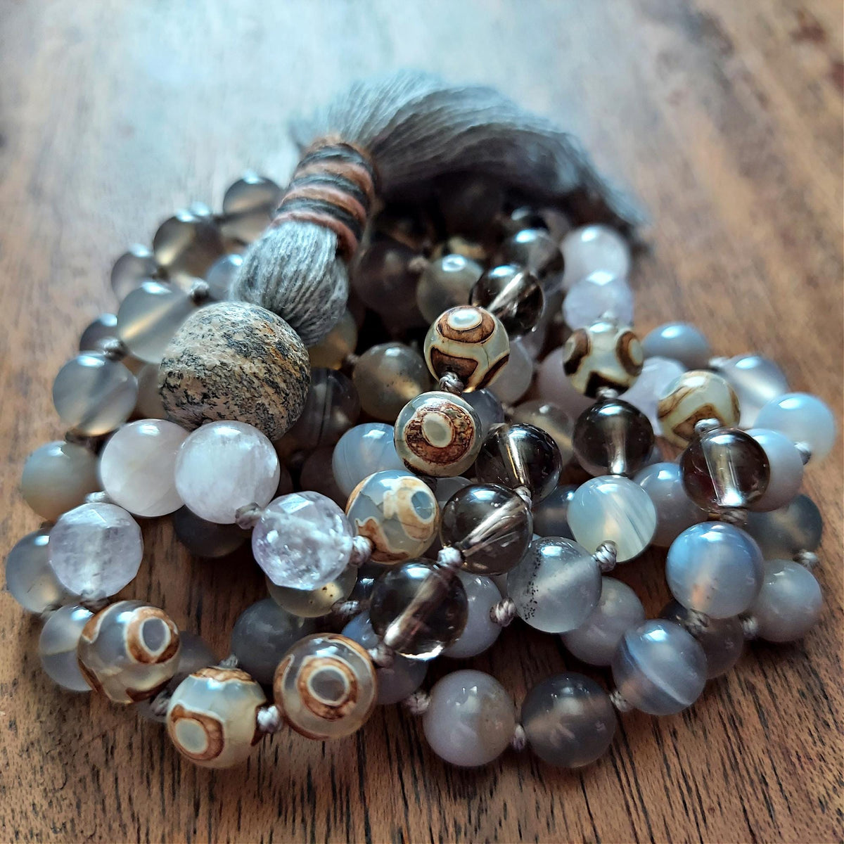 Petal and Bone Mala with Kunzite, Gray Agate, and Stegodon Bone Fossil Guru