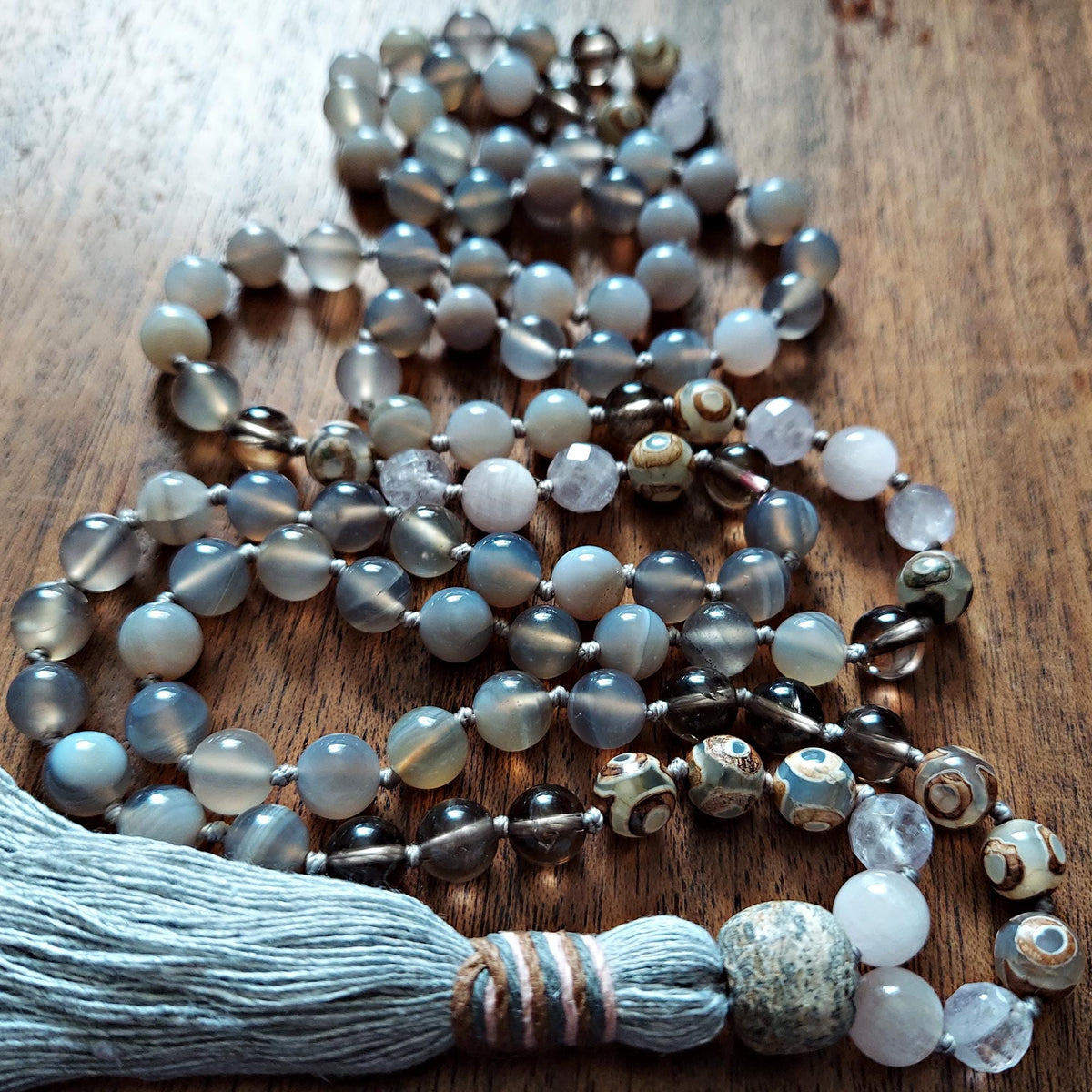 Petal and Bone Mala with Kunzite, Gray Agate, and Stegodon Bone Fossil Guru