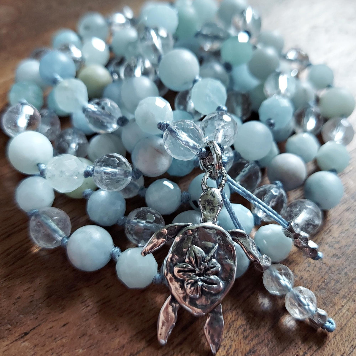 Ancient Waters Sea Turtle Mala with Aquamarine and Clear Quartz