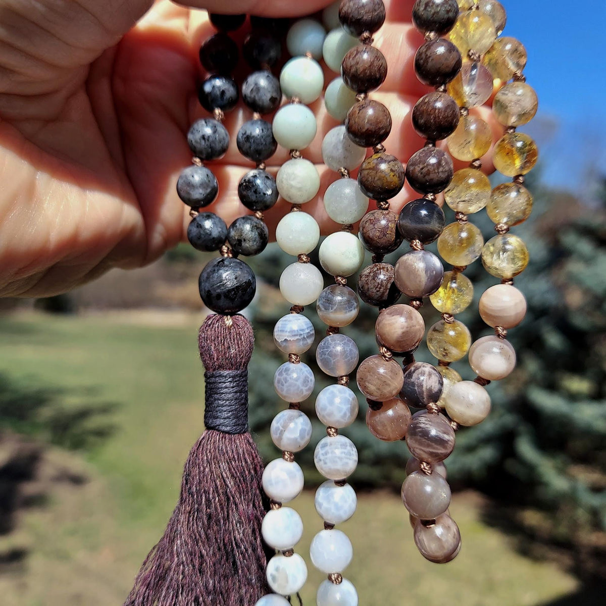 Stone and Spirit Chakra Mala with Larvikite, Brown Snowflake Obsidian, Sunstone, Citrine, Amazonite, and White Agate