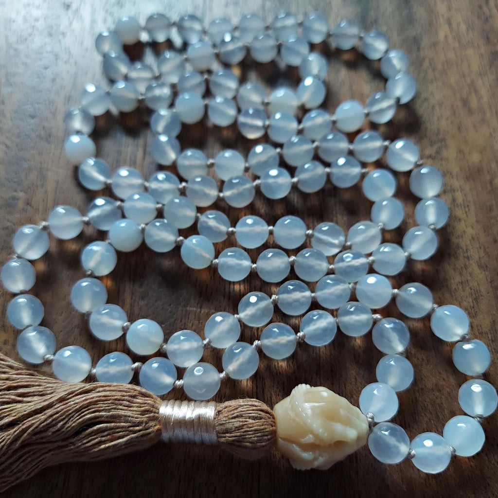 Devotion in Light Mala with White Jade and Carved Bodhi Tree Root Guru