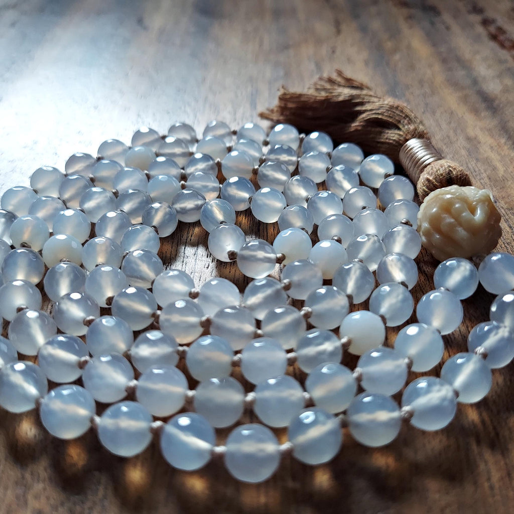 Devotion in Light Mala with White Jade and Carved Bodhi Tree Root Guru