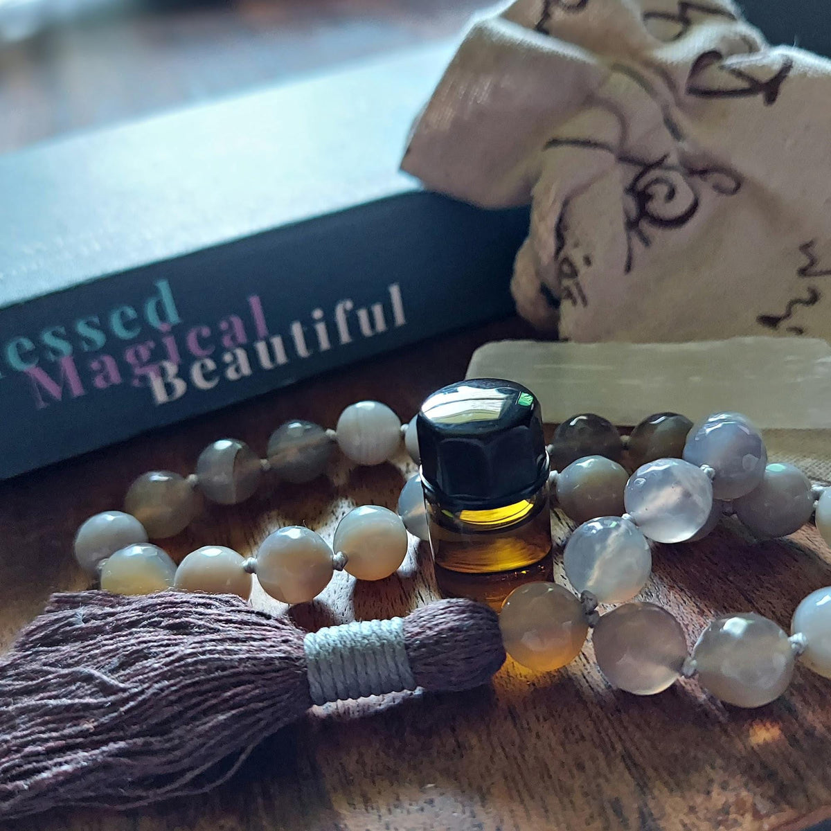 Inner Peace Pocket Mala with Chunky Faceted Gray Striped Agate