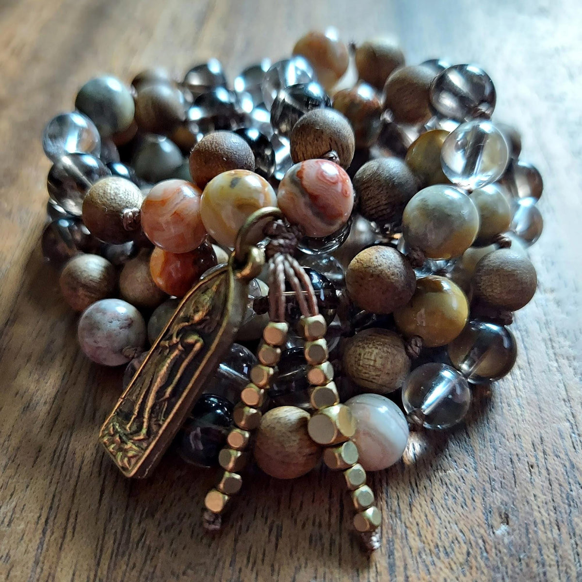 Joyful Presence Buddha Mala with Crazy Lace Agate and Smoky & Clear Quartz