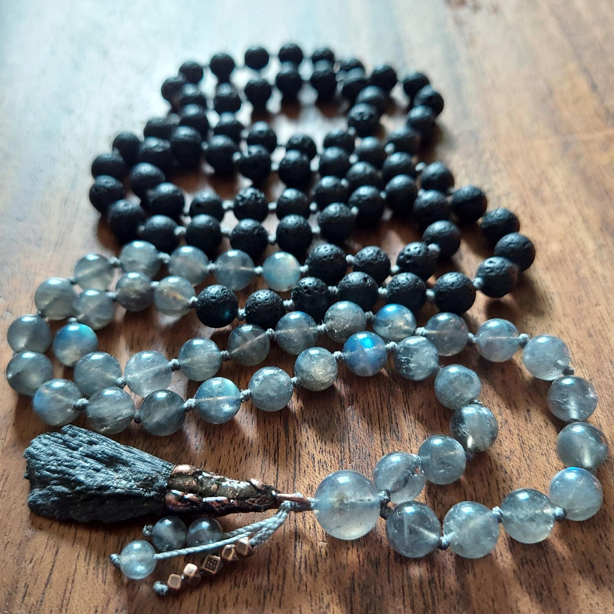 Guardian of the Threshold Mala with Labradorite, Lava Stone, and Tourmaline Shard Pendant