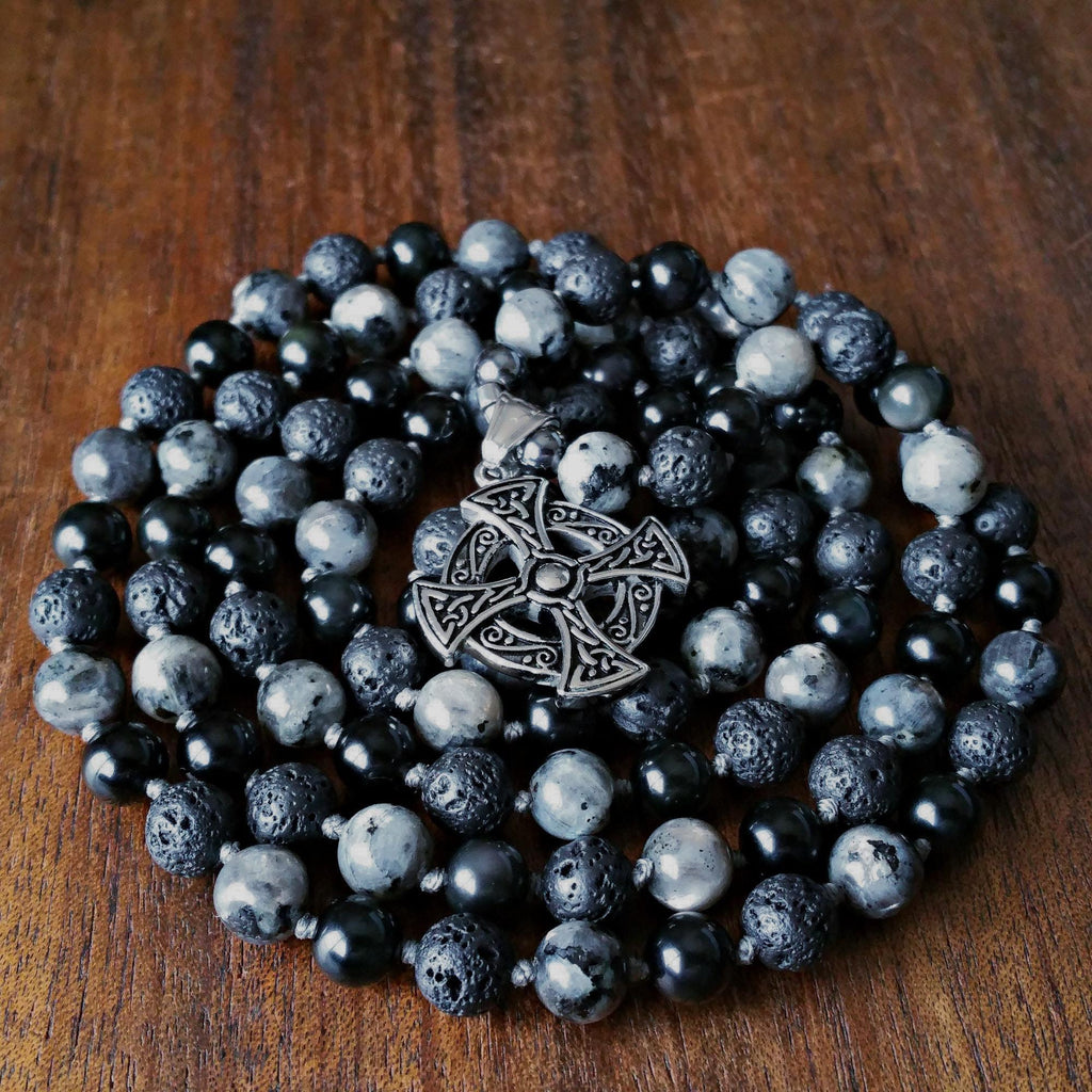 Ancestral Path Mala with Black Obsidian and Larvikite
