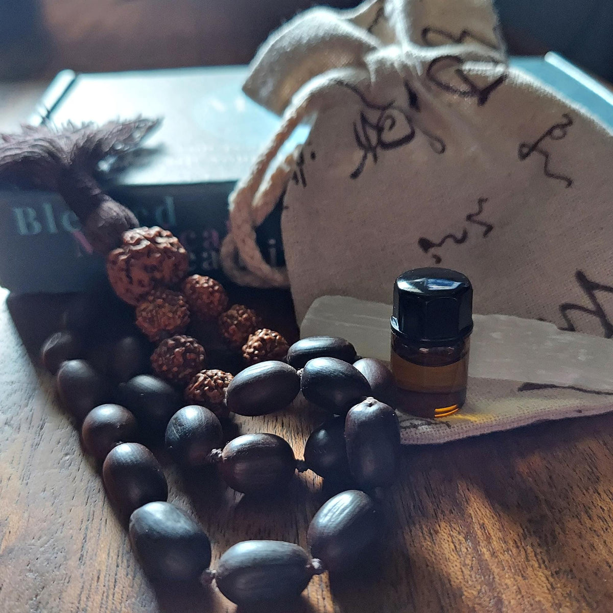 Sacred Seed Pocket Mala with Natural Rudraksha Beads and Lotus Seeds