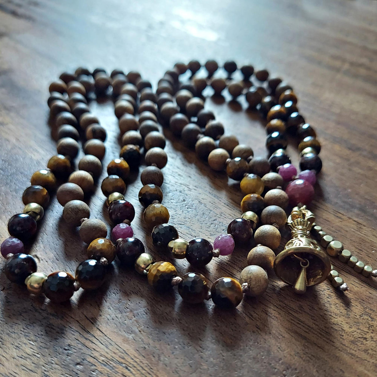 Fierce Heart Mala with Faceted Tiger's Eye, Garnet, and Raw Red Ruby