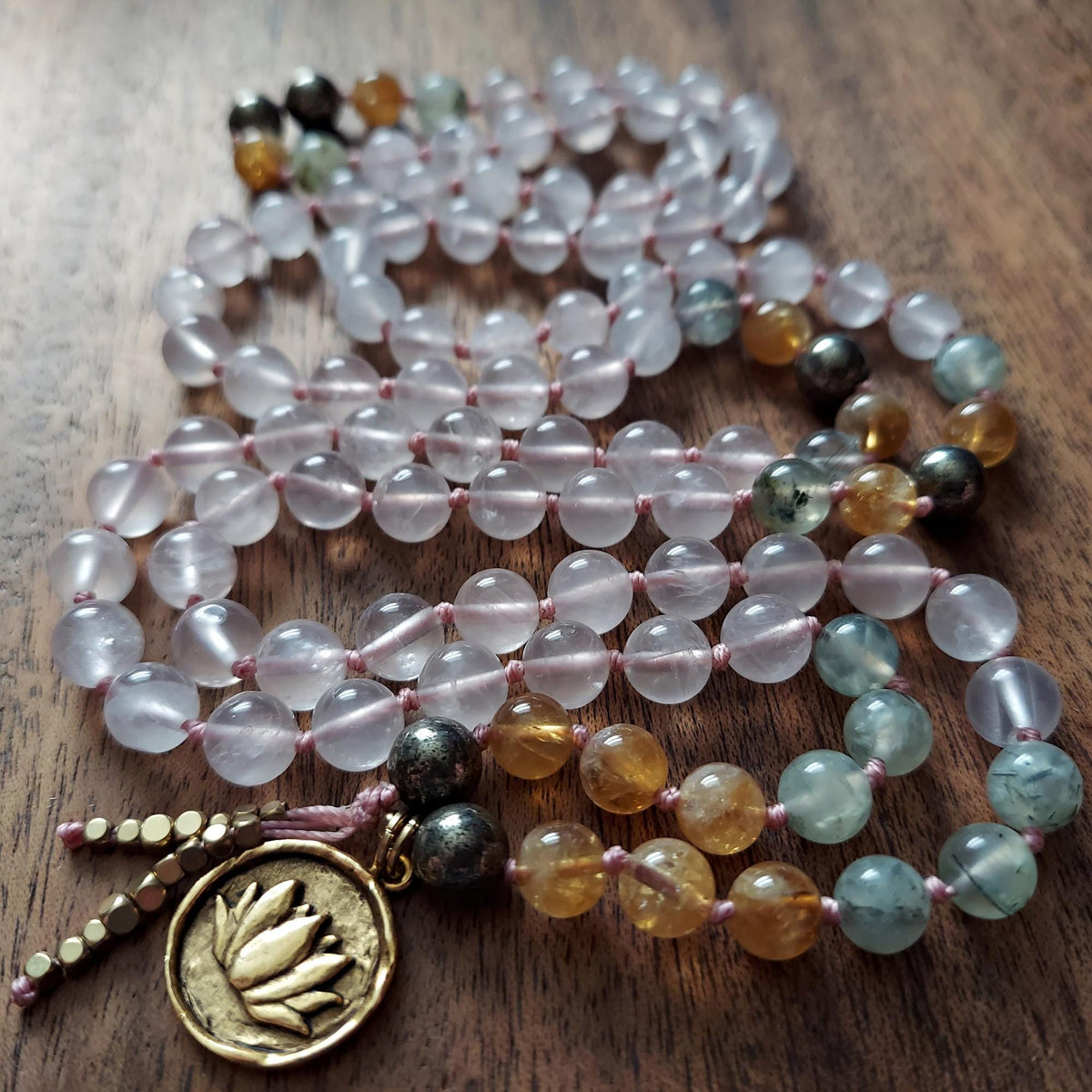 Lakshmi’s Grace Mala with Rose Quartz, Prehnite, and Heated Citrine