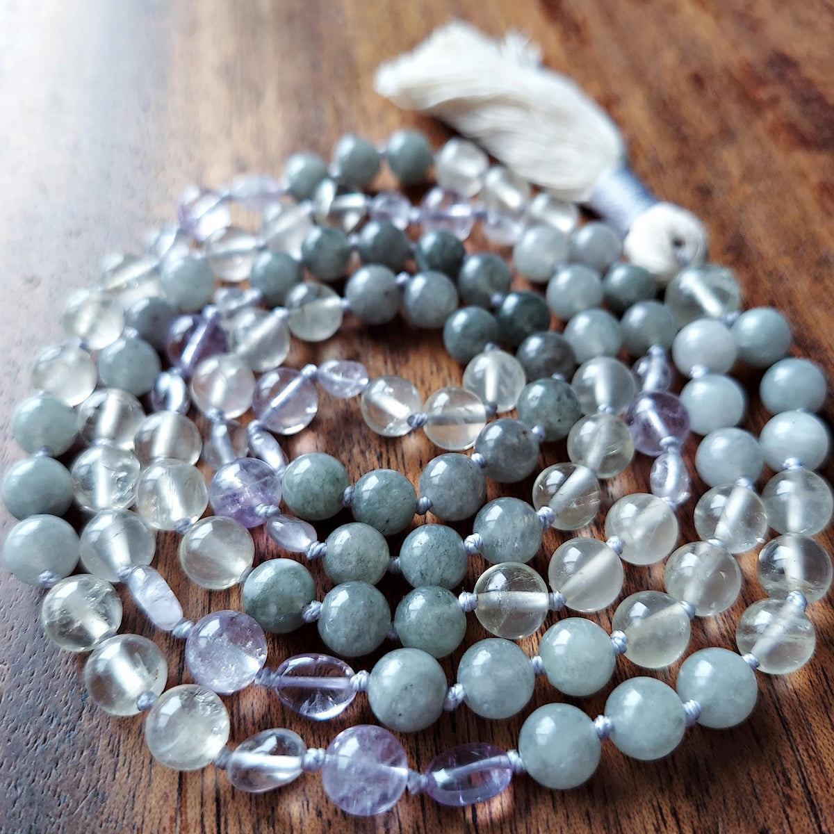 Sunlit Path Mala with Lemon Quartz, Burmese Jade, and Lavender Amethyst