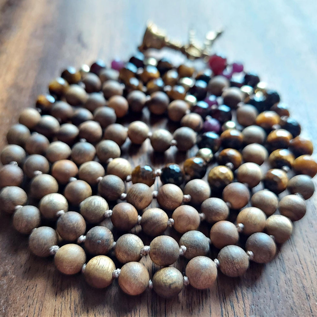 Fierce Heart Mala with Faceted Tiger's Eye, Garnet, and Raw Red Ruby