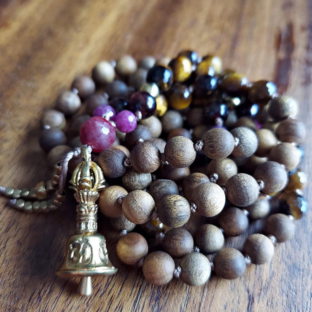 Fierce Heart Mala with Faceted Tiger's Eye, Garnet, and Raw Red Ruby