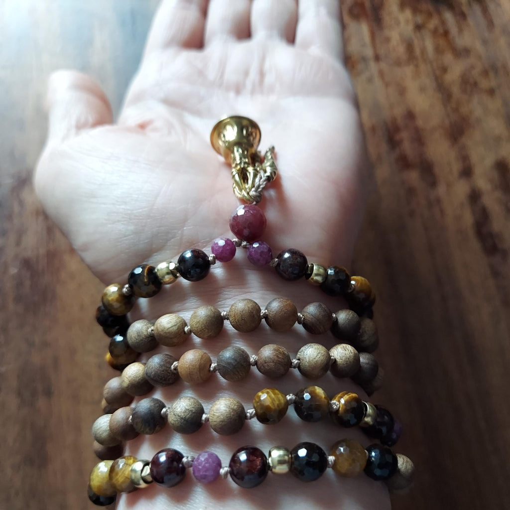 Fierce Heart Mala with Faceted Tiger's Eye, Garnet, and Raw Red Ruby