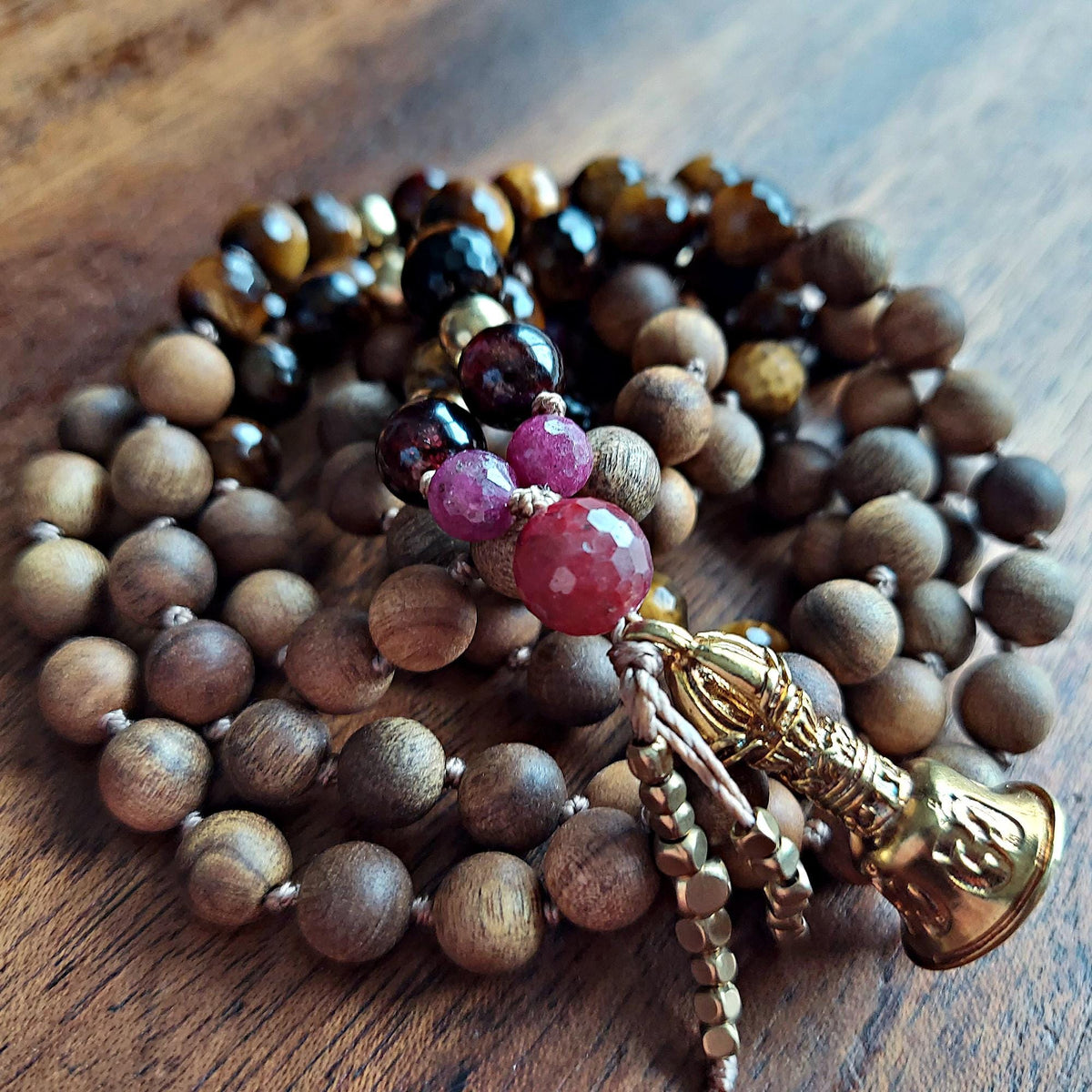 Fierce Heart Mala with Faceted Tiger's Eye, Garnet, and Raw Red Ruby