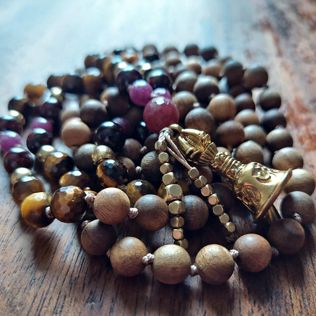 Fierce Heart Mala with Faceted Tiger's Eye, Garnet, and Raw Red Ruby