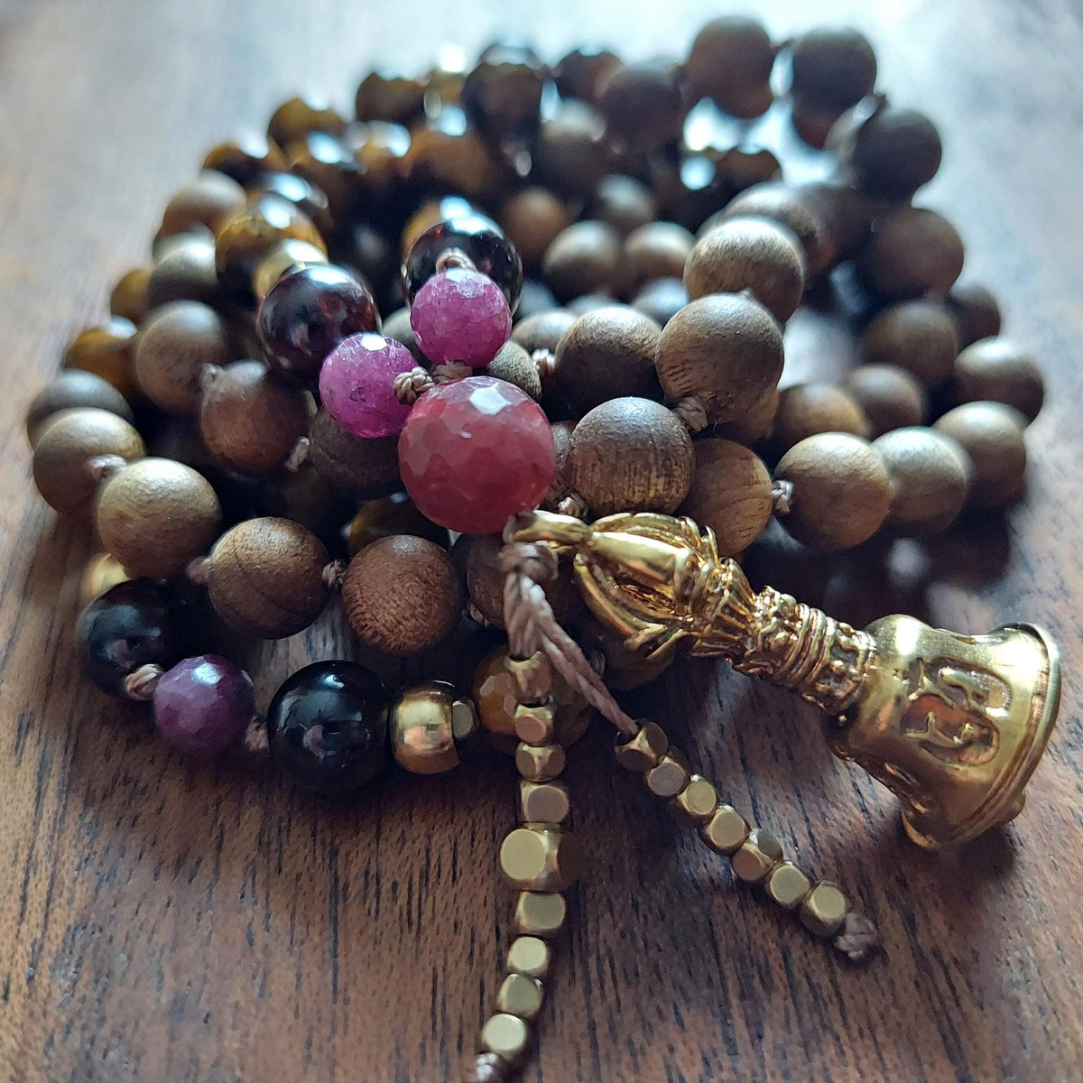 Fierce Heart Mala with Faceted Tiger's Eye, Garnet, and Raw Red Ruby